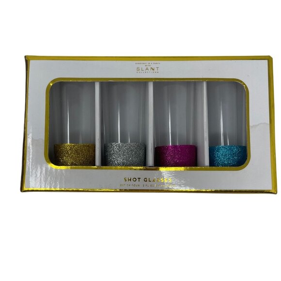 4 Glitter Base Shot Glasses Slant Gold Pink Silver Teal Party New Years Glam 12. - Picture 2 of 3